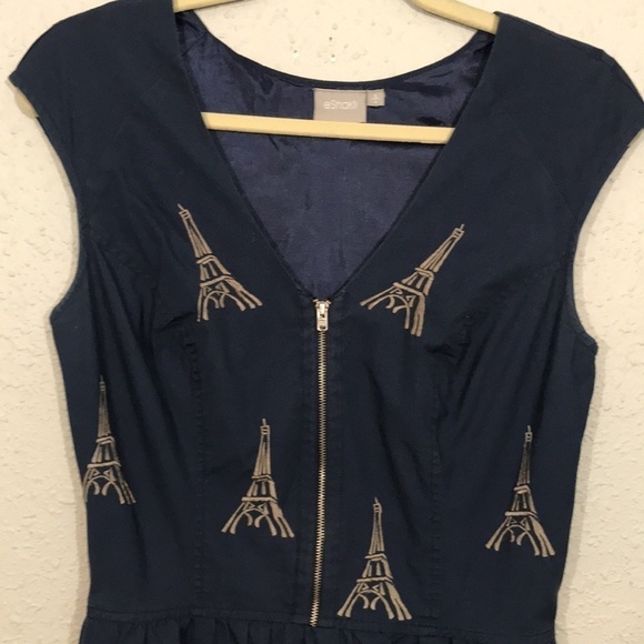 eShakti Navy Blue Eiffel Tower Embroidered A-Line Dress size S - Picture 2 of 14